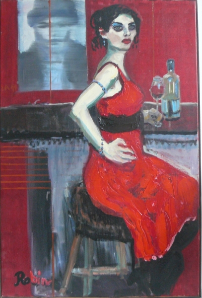 Dame in rode jurk aan de bar